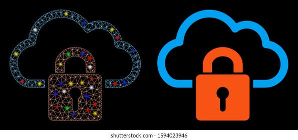 Flare mesh cloud locked icon with glare effect. Abstract illuminated model of cloud locked. Shiny wire frame polygonal mesh cloud locked icon. Vector abstraction on a black background.