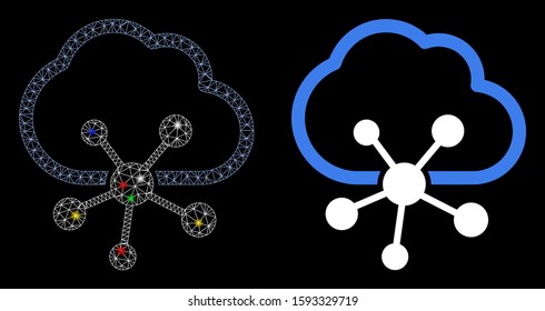Flare mesh cloud network icon with glare effect. Abstract illuminated model of cloud network. Shiny wire frame polygonal mesh cloud network icon. Vector abstraction on a black background.