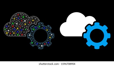 Flare mesh cloud options gear icon with glare effect. Abstract illuminated model of cloud options gear. Shiny wire carcass triangular mesh cloud options gear icon.