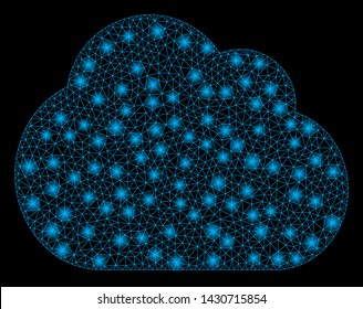Flare mesh cloud with sparkle effect. Abstract illuminated model of cloud icon. Shiny wire carcass polygonal mesh cloud. Vector abstraction on a black background.