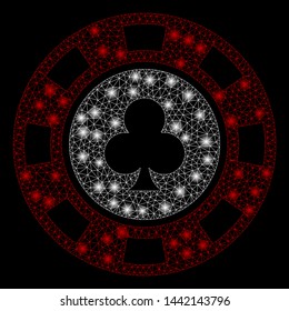 Flare mesh clubs casino chip with lightspot effect. Abstract illuminated model of clubs casino chip icon. Shiny wire frame polygonal mesh clubs casino chip. Vector abstraction on a black background.