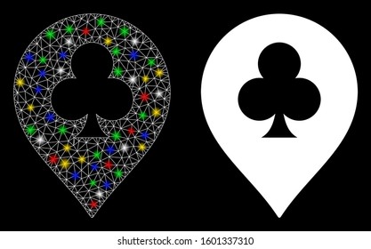 Flare mesh clubs casino pointer icon with glow effect. Abstract illuminated model of clubs casino pointer. Shiny wire frame triangular mesh clubs casino pointer icon.