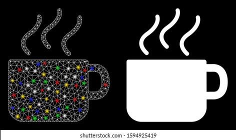 Flare mesh coffee cup icon with glitter effect. Abstract illuminated model of coffee cup. Shiny wire carcass triangular mesh coffee cup icon. Vector abstraction on a black background.
