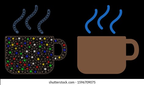 Flare mesh coffee icon with glow effect. Abstract illuminated model of coffee. Shiny wire carcass polygonal mesh coffee icon. Vector abstraction on a black background.
