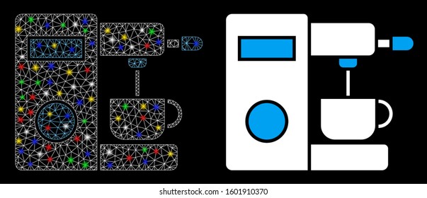 Flare mesh coffee machine icon with glitter effect. Abstract illuminated model of coffee machine. Shiny wire carcass polygonal mesh coffee machine icon. Vector abstraction on a black background.