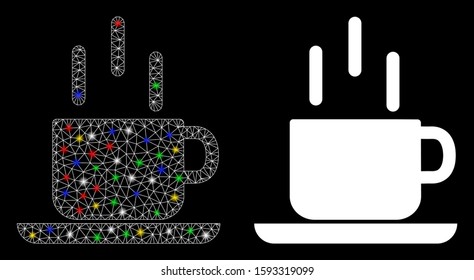 Flare mesh coffee mug icon with glare effect. Abstract illuminated model of coffee mug. Shiny wire carcass triangular mesh coffee mug icon. Vector abstraction on a black background.