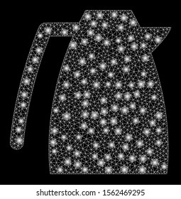 Flare mesh coffee pot with glare effect. Abstract illuminated model of coffee pot icon. Shiny wire carcass polygonal mesh coffee pot. Vector abstraction on a black background.