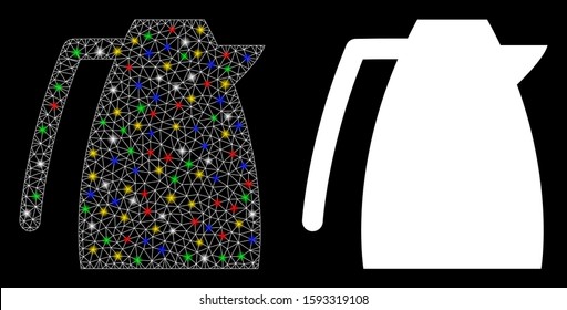 Flare mesh coffee pot icon with lightspot effect. Abstract illuminated model of coffee pot. Shiny wire carcass polygonal mesh coffee pot icon. Vector abstraction on a black background.