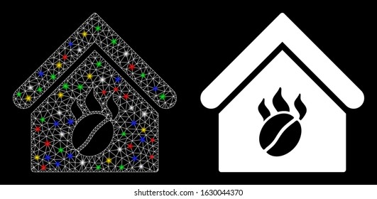 Flare mesh coffee shop icon with glare effect. Abstract illuminated model of coffee shop. Shiny wire carcass polygonal mesh coffee shop icon. Vector abstraction on a black background.