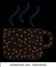 Flare mesh coffee with sparkle effect. Abstract illuminated model of coffee icon. Shiny wire carcass polygonal mesh coffee. Vector abstraction on a black background.