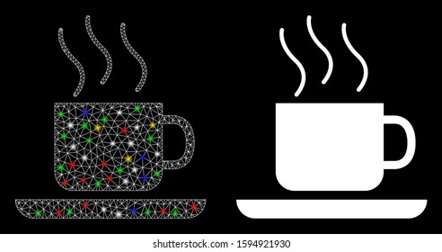 Flare mesh coffee-break icon with glare effect. Abstract illuminated model of coffee-break. Shiny wire carcass triangular mesh coffee-break icon. Vector abstraction on a black background.