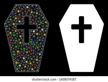 Flare mesh coffin icon with glitter effect. Abstract illuminated model of coffin. Shiny wire frame polygonal mesh coffin icon. Vector abstraction on a black background.