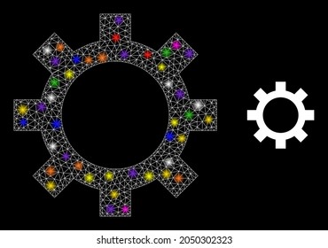 Flare mesh cog constellation icon with light spots. Illuminated vector model based on cog icon. Sparkle carcass mesh cog on a black background. Linear carcass flat mesh in vector format.