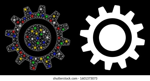 Flare mesh cog icon with glow effect. Abstract illuminated model of cog. Shiny wire frame polygonal mesh cog icon. Vector abstraction on a black background. Abstract 2d mesh designed with triangles,