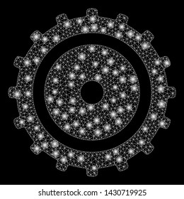Flare mesh cog wheel with glow effect. Abstract illuminated model of cog wheel icon. Shiny wire frame triangular mesh cog wheel. Vector abstraction on a black background.
