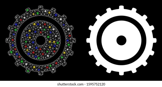 Flare mesh cog wheel icon with glitter effect. Abstract illuminated model of cog wheel. Shiny wire carcass triangular mesh cog wheel icon. Vector abstraction on a black background.