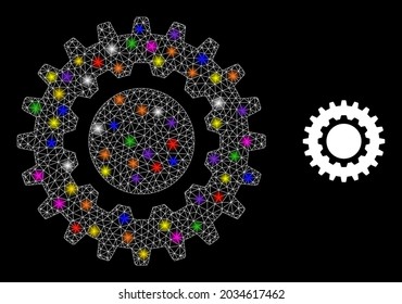 Flare mesh cogwheel constellation icon with light spots. Illuminated vector constellation based on cogwheel pictogram. Sparkle frame polygonal cogwheel on a black background.