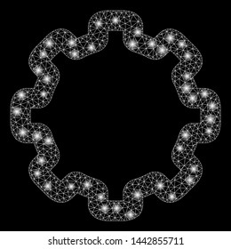 Flare mesh cogwheel with sparkle effect. Abstract illuminated model of cogwheel icon. Shiny wire carcass polygonal mesh cogwheel. Vector abstraction on a black background.