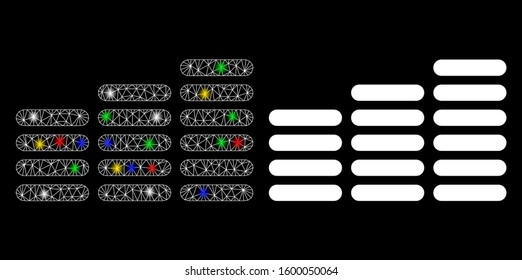 Flare mesh coin columns icon with glare effect. Abstract illuminated model of coin columns. Shiny wire carcass triangular mesh coin columns icon. Vector abstraction on a black background.