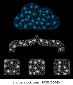 Flare mesh combine cloud with glare effect. Abstract illuminated model of combine cloud icon. Shiny wire frame triangular mesh combine cloud. Vector abstraction on a black background.