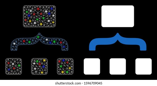Flare mesh combine items icon with glitter effect. Abstract illuminated model of combine items. Shiny wire carcass triangular mesh combine items icon. Vector abstraction on a black background.