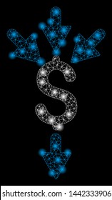 Flare mesh combine payments with glitter effect. Abstract illuminated model of combine payments icon. Shiny wire carcass triangular network combine payments. Vector abstraction on a black background.