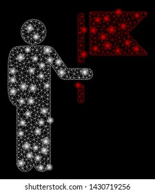 Flare mesh commander with flag with glare effect. Abstract illuminated model of commander with flag icon. Shiny wire frame polygonal mesh commander with flag. Vector abstraction on a black background.