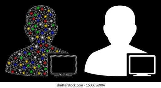 Flare mesh computer administrator icon with sparkle effect. Abstract illuminated model of computer administrator. Shiny wire carcass polygonal network computer administrator icon.