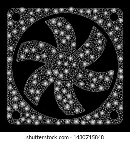 Flare mesh computer cooler with sparkle effect. Abstract illuminated model of computer cooler icon. Shiny wire carcass polygonal mesh computer cooler. Vector abstraction on a black background.