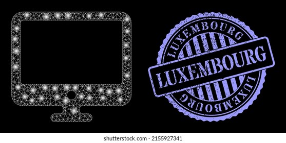 Flare mesh computer display with glowing spots, and Luxembourg blue round grunge stamp. Vector carcass based on computer display icon. Glossy carcass mesh computer display.
