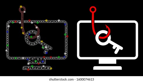 Flare mesh computer key phishing icon with glare effect. Abstract illuminated model of computer key phishing. Shiny wire frame polygonal mesh computer key phishing icon.