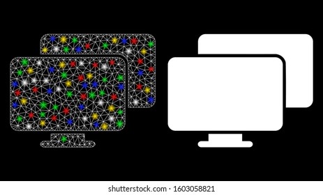 Flare mesh computers icon with sparkle effect. Abstract illuminated model of computers. Shiny wire frame polygonal network computers icon. Vector abstraction on a black background.