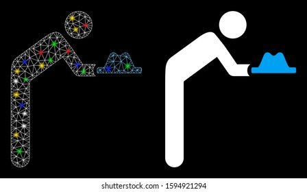 Flare mesh concierge with hat icon with glitter effect. Abstract illuminated model of concierge with hat. Shiny wire frame triangular network concierge with hat icon.