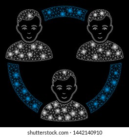 Flare mesh connected social members with glare effect. Abstract illuminated model of connected social members icon. Shiny wire carcass triangular mesh connected social members.
