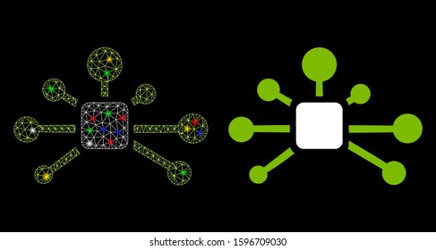 Flare mesh connection relations icon with lightspot effect. Abstract illuminated model of connection relations. Shiny wire carcass triangular mesh connection relations icon.