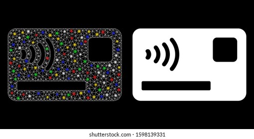 Flare mesh contactless payment card icon with glitter effect. Abstract illuminated model of contactless payment card. Shiny wire frame polygonal mesh contactless payment card icon.