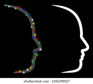 Flare mesh contour face profile icon with sparkle effect. Abstract illuminated model of contour face profile. Shiny wire frame triangular mesh contour face profile icon.