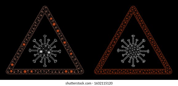 Flare mesh coronavirus warning with lightspot effect. Abstract illuminated model of coronavirus warning icon. Shiny wire frame triangular network coronavirus warning icon.