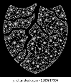 Flare mesh corrupted shield with glare effect. Abstract illuminated model of corrupted shield icon. Shiny wire frame polygonal mesh corrupted shield. Vector abstraction on a black background.