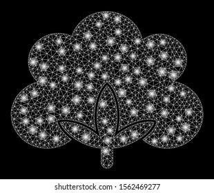 Flare mesh cotton flower with glitter effect. Abstract illuminated model of cotton flower icon. Shiny wire carcass triangular mesh cotton flower. Vector abstraction on a black background.