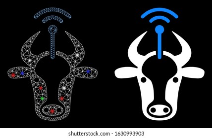 Flare mesh cow radio transmitter icon with lightspot effect. Abstract illuminated model of cow radio transmitter. Shiny wire carcass triangular network cow radio transmitter icon.