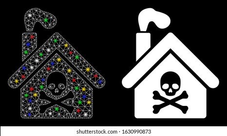 Flare mesh crematory building icon with glare effect. Abstract illuminated model of crematory building. Shiny wire carcass polygonal mesh crematory building icon.