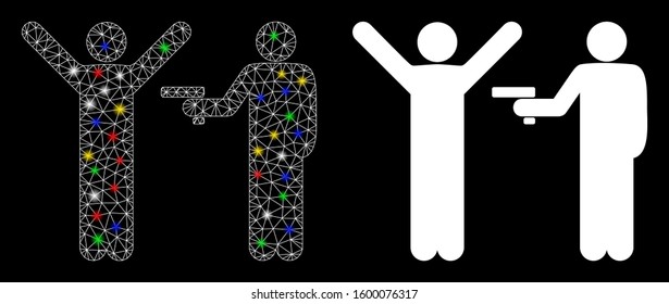 Flare mesh crime robbery icon with glitter effect. Abstract illuminated model of crime robbery. Shiny wire carcass polygonal mesh crime robbery icon. Vector abstraction on a black background.