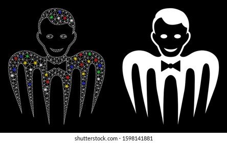 Flare mesh croupier monster icon with glitter effect. Abstract illuminated model of croupier monster. Shiny wire carcass triangular mesh croupier monster icon.