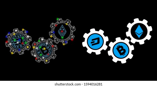 Flare mesh cryptocurrency conversion gears icon with glitter effect. Abstract illuminated model of cryptocurrency conversion gears.