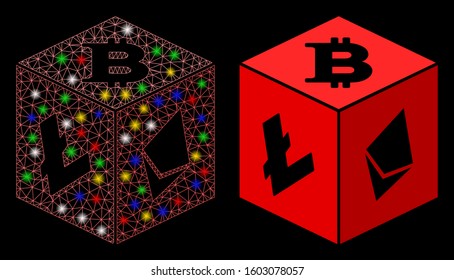 Flare mesh cryptocurrency dice icon with glare effect. Abstract illuminated model of cryptocurrency dice. Shiny wire frame polygonal network cryptocurrency dice icon.