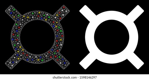 Flare mesh currency symbol icon with lightspot effect. Abstract illuminated model of currency symbol. Shiny wire frame polygonal mesh currency symbol icon. Vector abstraction on a black background.