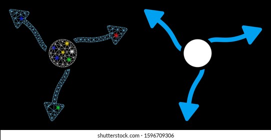 Flare mesh curve arrows icon with glare effect. Abstract illuminated model of curve arrows. Shiny wire carcass triangular network curve arrows icon. Vector abstraction on a black background.