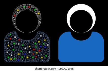 Flare mesh customer icon with glare effect. Abstract illuminated model of customer. Shiny wire carcass polygonal mesh customer icon. Vector abstraction on a black background.