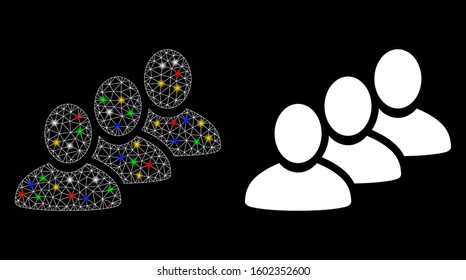Flare mesh customer queue icon with glare effect. Abstract illuminated model of customer queue. Shiny wire carcass polygonal mesh customer queue icon. Vector abstraction on a black background.